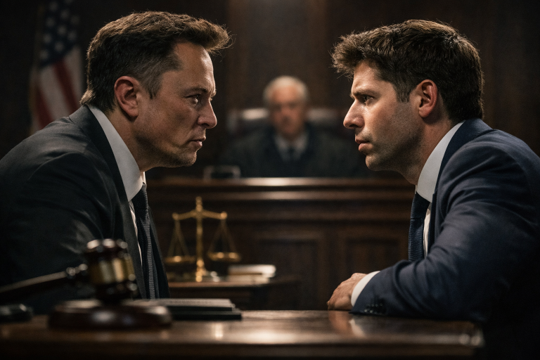 Elon Musk and Sam Altman facing off in courtroom over AI control, highlighting legal battle and corporate tension.