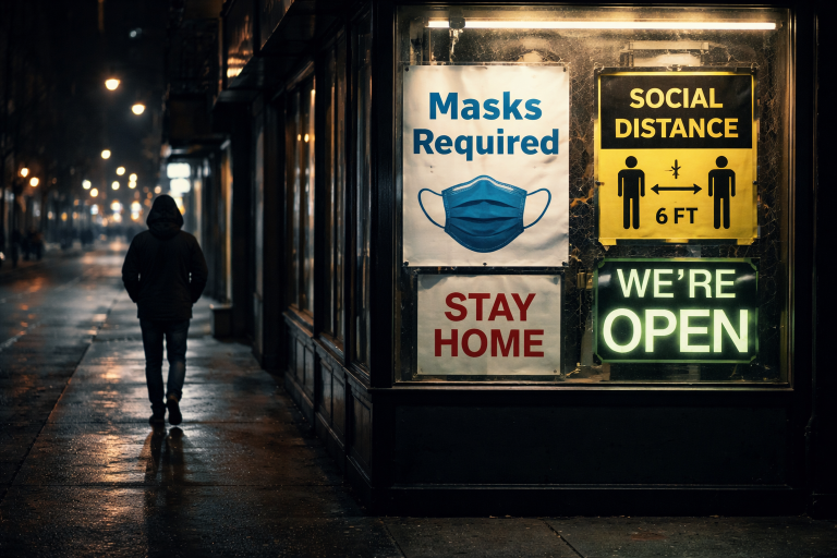 COVID compliance test theory illustrated by empty street and conflicting rules signage