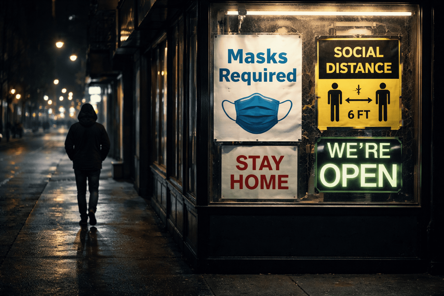 COVID compliance test theory illustrated by empty street and conflicting rules signage