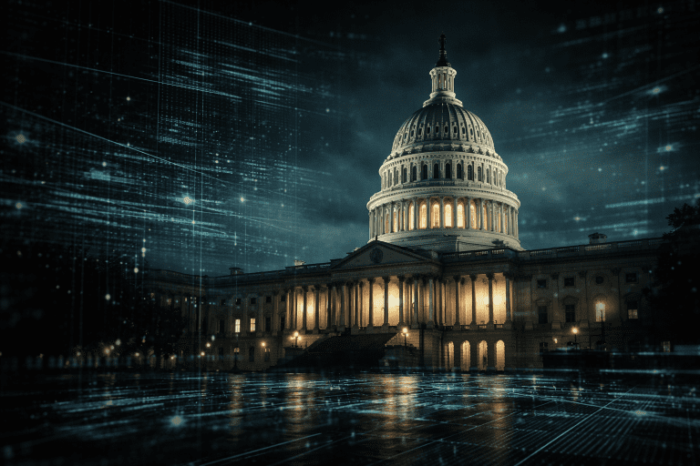 US Capitol under digital surveillance overlay representing FISA expansion and political shift