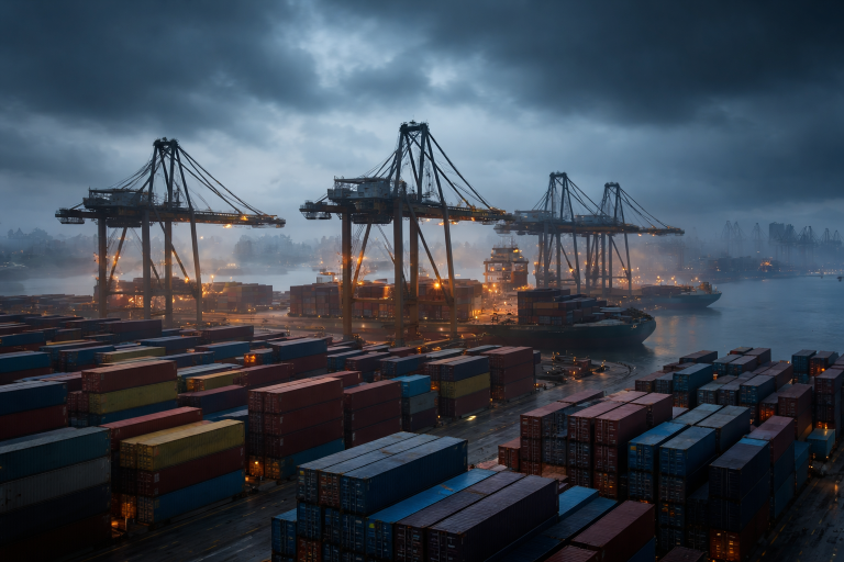 Global supply chain disruptions showing container port congestion and shipping logistics strain under overcast skies