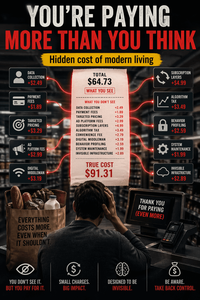 Cinematic editorial-style image showing a shopper overwhelmed at a checkout counter while a receipt expands into multiple hidden cost layers such as data collection, subscription fees, algorithm pricing, and digital infrastructure charges. A bold central message highlights the rising unseen costs of modern life.