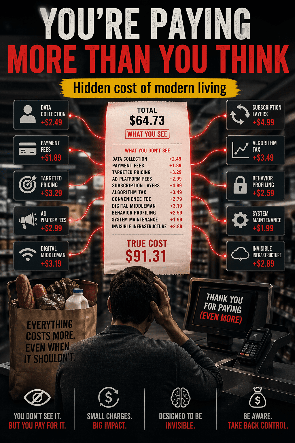 Cinematic editorial-style image showing a shopper overwhelmed at a checkout counter while a receipt expands into multiple hidden cost layers such as data collection, subscription fees, algorithm pricing, and digital infrastructure charges. A bold central message highlights the rising unseen costs of modern life.