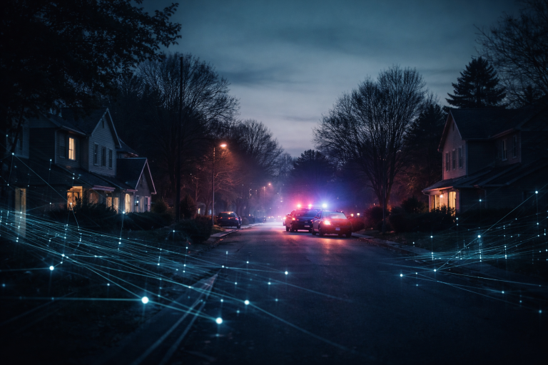 OpenAI CEO home Molotov attack theme showing suburban street at dusk with emergency lights and digital network overlay representing tech security concerns