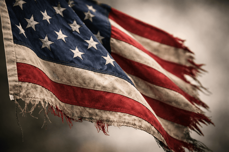 will the American empire end in poverty and despair concept with worn US flag