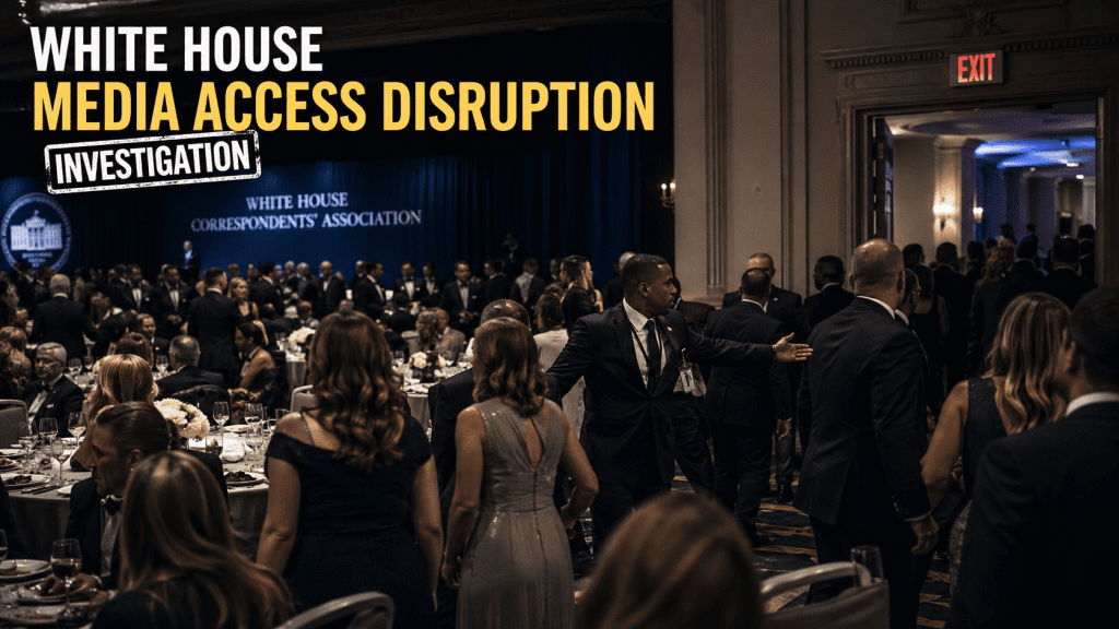 White House media access disruption investigation showing attendees being guided by security during a controlled political event shift