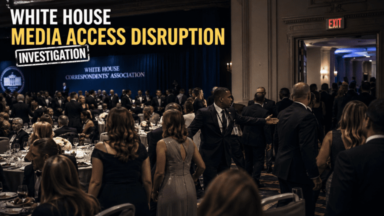 White House media access disruption investigation showing attendees being guided by security during a controlled political event shift