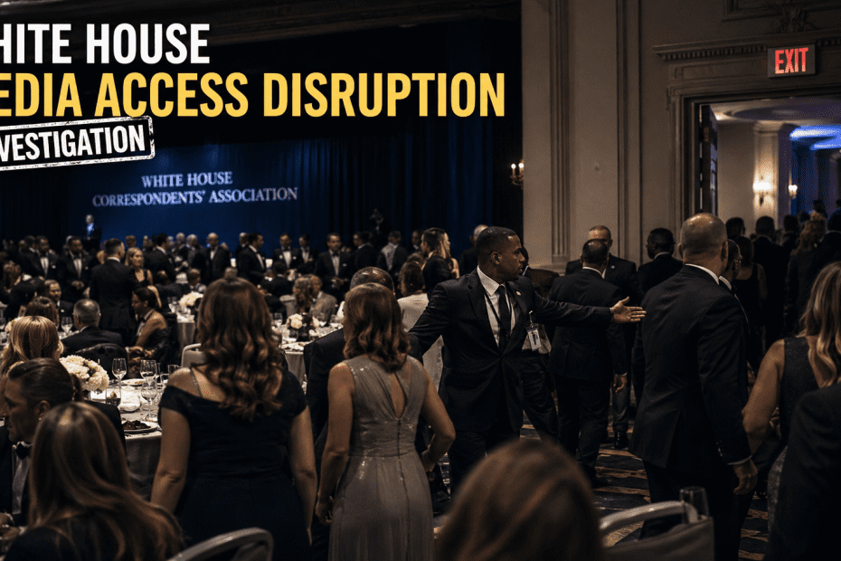 White House media access disruption investigation showing attendees being guided by security during a controlled political event shift