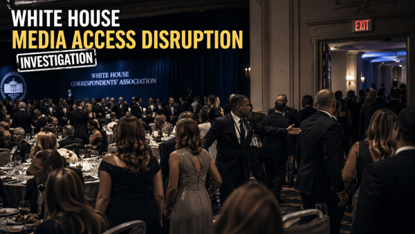 White House media access disruption investigation showing attendees being guided by security during a controlled political event shift