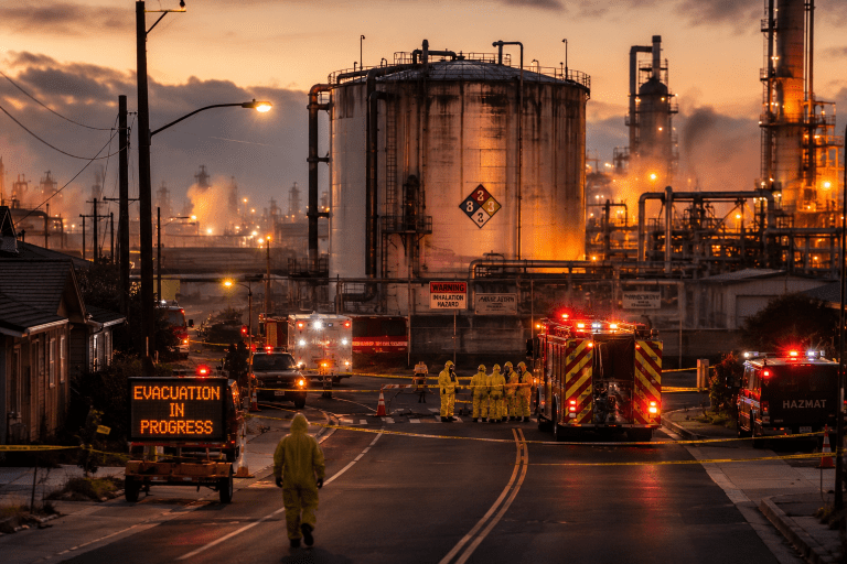 Southern California chemical tank evacuation risk industrial hazard scene