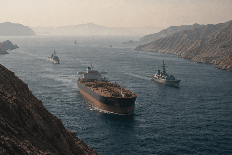 Strait of Hormuz tensions with oil tanker and military ships amid US Iran standoff