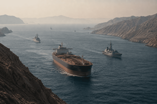 Strait of Hormuz tensions with oil tanker and military ships amid US Iran standoff