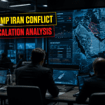Iran conflict escalation analysis room with geopolitical tension and military strategy displays