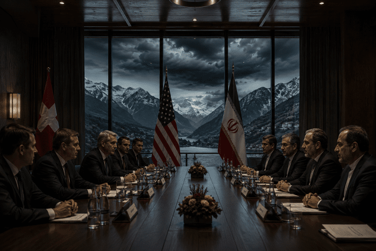 U.S. and Iranian delegations meeting in Switzerland under tense conditions amid regional conflict uncertainty.