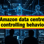 Amazon data centres controlling behavior shown through a cinematic investigative scene with server racks and human data interaction visualization