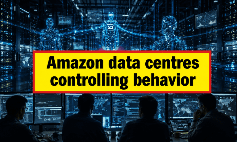 Amazon data centres controlling behavior shown through a cinematic investigative scene with server racks and human data interaction visualization
