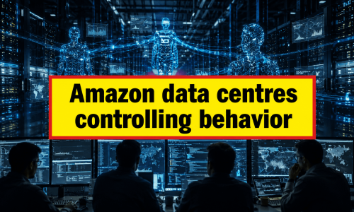 Amazon data centres controlling behavior shown through a cinematic investigative scene with server racks and human data interaction visualization
