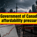 Investigative newsroom-style depiction of Government of Canada affordability pressure showing Canadian city life, housing and cost-of-living symbolism in realistic documentary format.