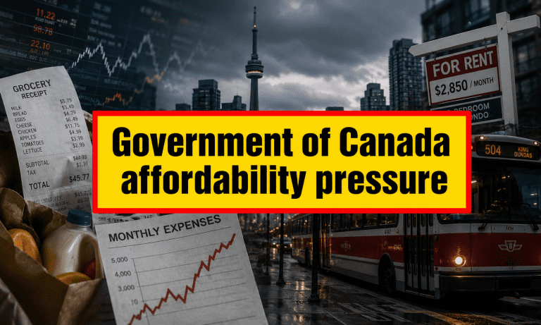 Investigative newsroom-style depiction of Government of Canada affordability pressure showing Canadian city life, housing and cost-of-living symbolism in realistic documentary format.