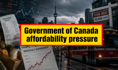 Investigative newsroom-style depiction of Government of Canada affordability pressure showing Canadian city life, housing and cost-of-living symbolism in realistic documentary format.