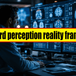 Harvard perception reality framework investigative scene showing neuroscience lab researcher analyzing brain scan data and perception research visuals in a dark documentary style setting