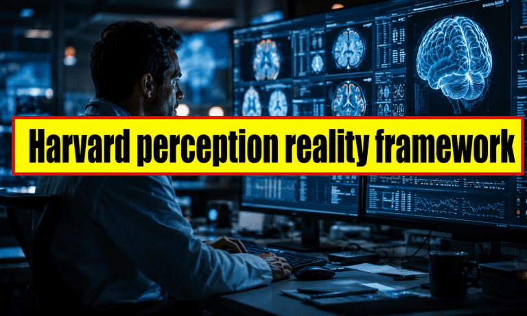 Harvard perception reality framework investigative scene showing neuroscience lab researcher analyzing brain scan data and perception research visuals in a dark documentary style setting