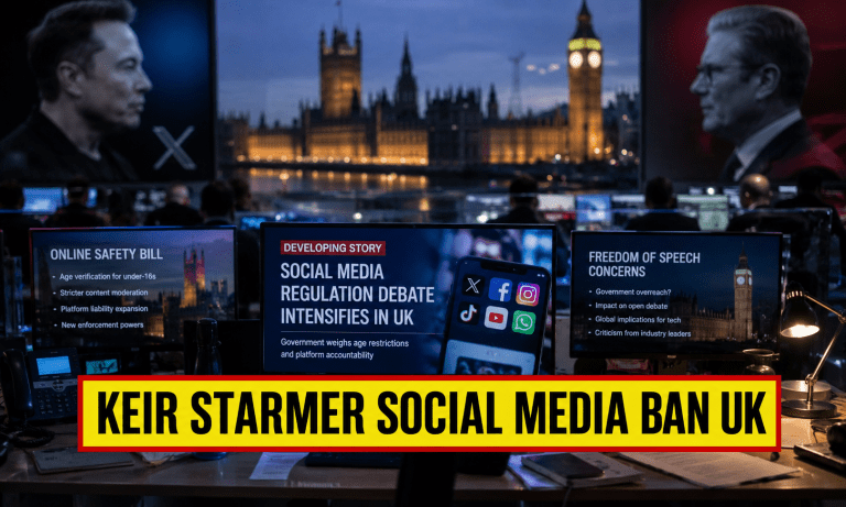 Keir Starmer social media ban UK investigative newsroom scene showing UK digital regulation debate and platform tension between government and tech leaders