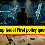 Investigative newsroom scene with US and Israel highlighted on map representing Trump Israel First policy questions and geopolitical analysis