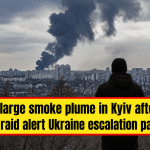 large smoke plume in Kyiv after air raid alert Ukraine escalation pattern showing wartime smoke rising over Kyiv city after air raid warning
