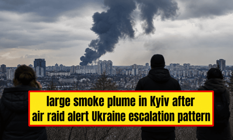 large smoke plume in Kyiv after air raid alert Ukraine escalation pattern showing wartime smoke rising over Kyiv city after air raid warning