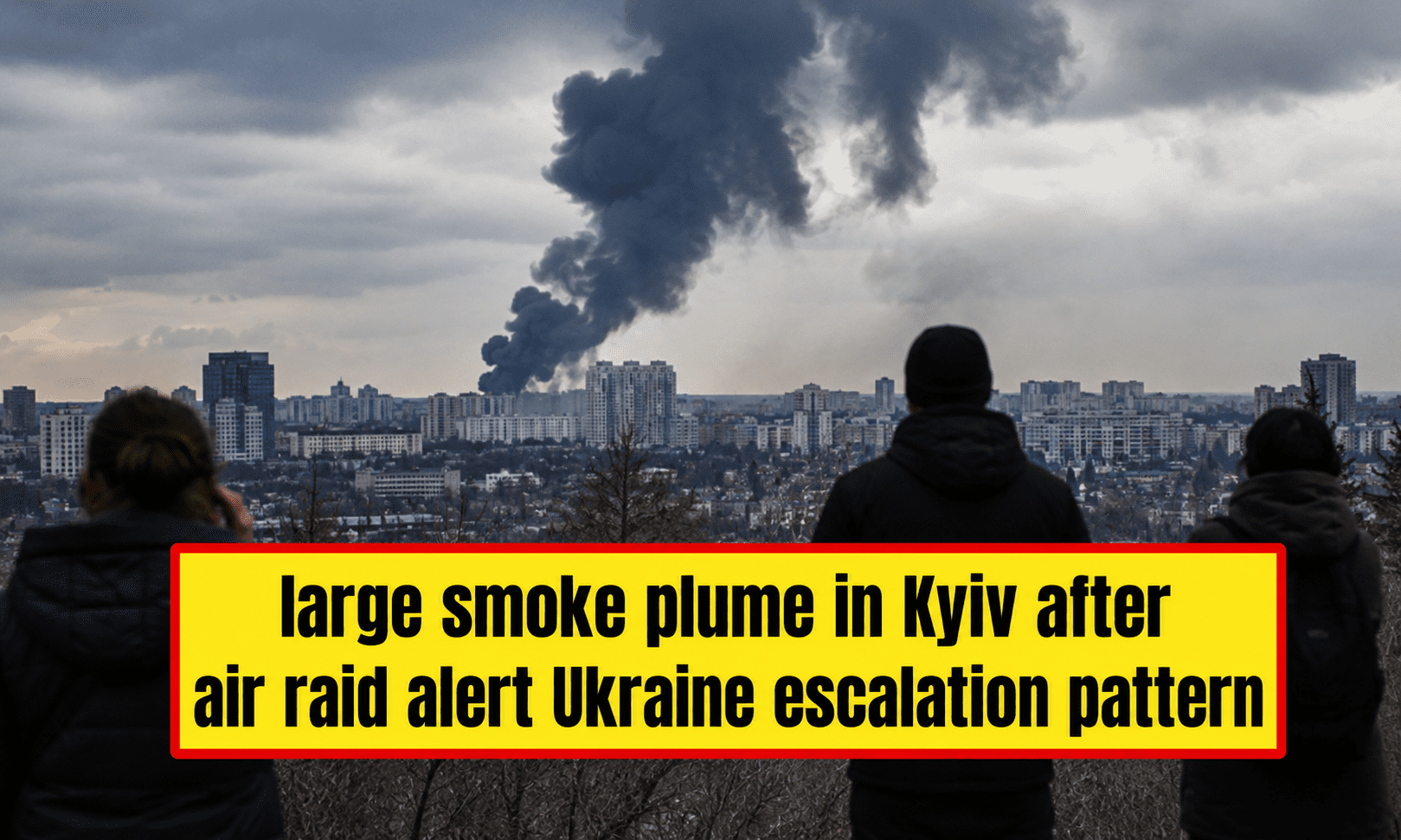 large smoke plume in Kyiv after air raid alert Ukraine escalation pattern showing wartime smoke rising over Kyiv city after air raid warning