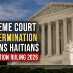Supreme Court building exterior with headline text about TPS deportation protections for Syrians and Haitians ruling