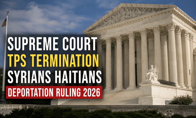 Supreme Court building exterior with headline text about TPS deportation protections for Syrians and Haitians ruling