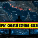 US Iran coastal strikes escalation displayed on digital map in newsroom with analysts monitoring Middle East conflict zones