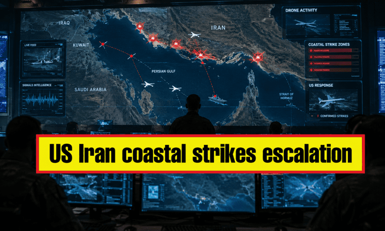 US Iran coastal strikes escalation displayed on digital map in newsroom with analysts monitoring Middle East conflict zones