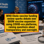 WHO Ebola vaccine funding review shown in investigative newsroom scene with analysts reviewing Ebola vaccine funding and COVID-era vaccine platform data panels