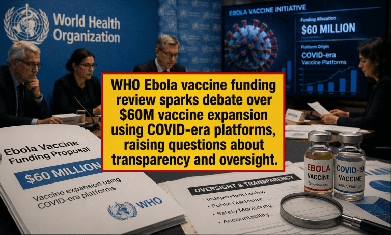 WHO Ebola vaccine funding review shown in investigative newsroom scene with analysts reviewing Ebola vaccine funding and COVID-era vaccine platform data panels
