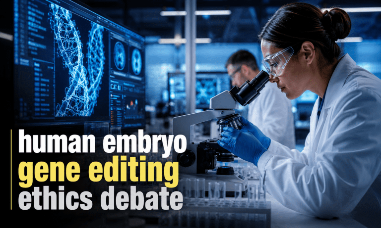 Investigative news-style image showing laboratory scientists studying human embryo gene editing under microscope with headline human embryo gene editing ethics debate