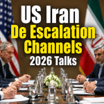 Diplomatic meeting room with intermediaries discussing U.S.-Iran de-escalation channels 2026 talks
