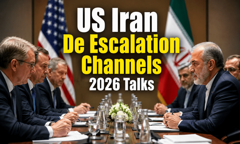 Diplomatic meeting room with intermediaries discussing U.S.-Iran de-escalation channels 2026 talks