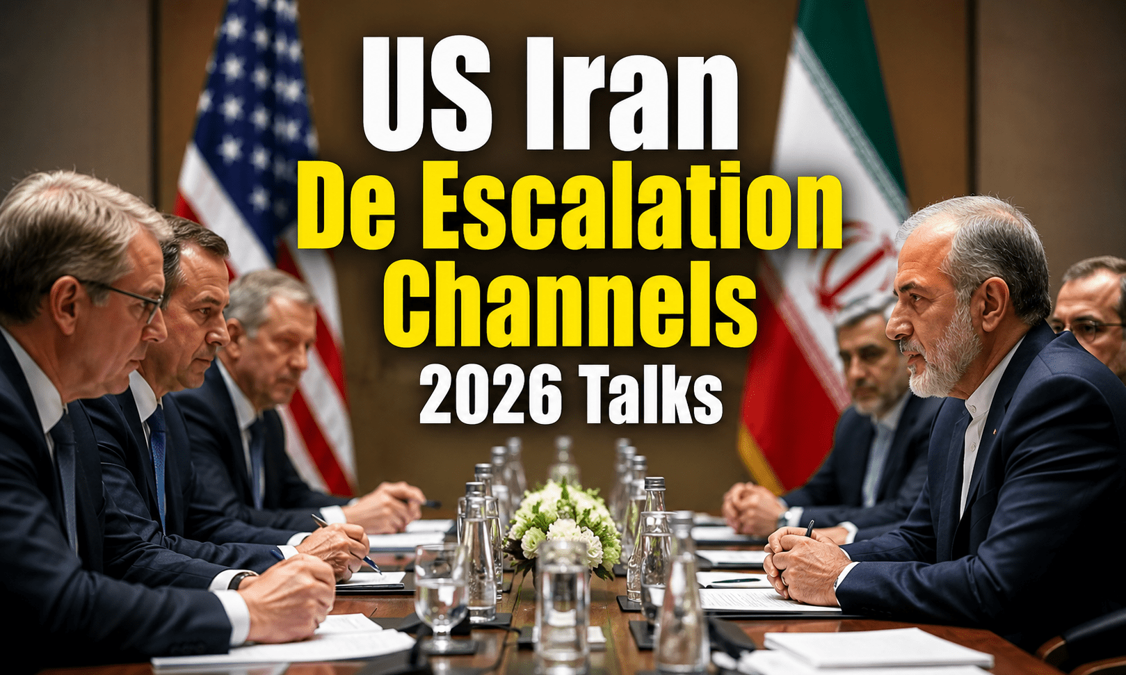 Diplomatic meeting room with intermediaries discussing U.S.-Iran de-escalation channels 2026 talks