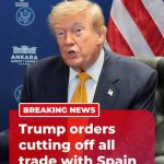Trump Spain trade cutoff showing U.S. and Spanish flags, NATO summit setting, and headline text “Trump Spain Trade Cutoff”