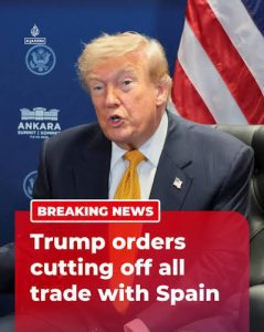 Trump Spain trade cutoff showing U.S. and Spanish flags, NATO summit setting, and headline text “Trump Spain Trade Cutoff”