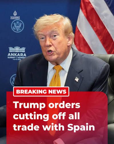 Trump Spain trade cutoff showing U.S. and Spanish flags, NATO summit setting, and headline text “Trump Spain Trade Cutoff”
