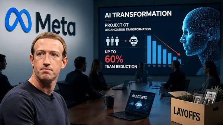 Mark Zuckerberg at Meta headquarters with artificial intelligence graphics and the words “Meta AI workforce cuts”