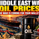 Middle East war oil prices illustrated by an oil tanker near the Strait of Hormuz with crude oil, shipping routes and rising consumer costs.