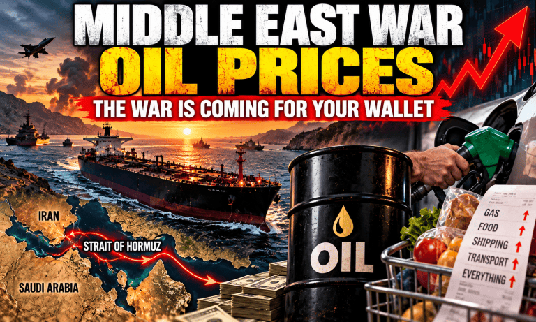 Middle East war oil prices illustrated by an oil tanker near the Strait of Hormuz with crude oil, shipping routes and rising consumer costs.
