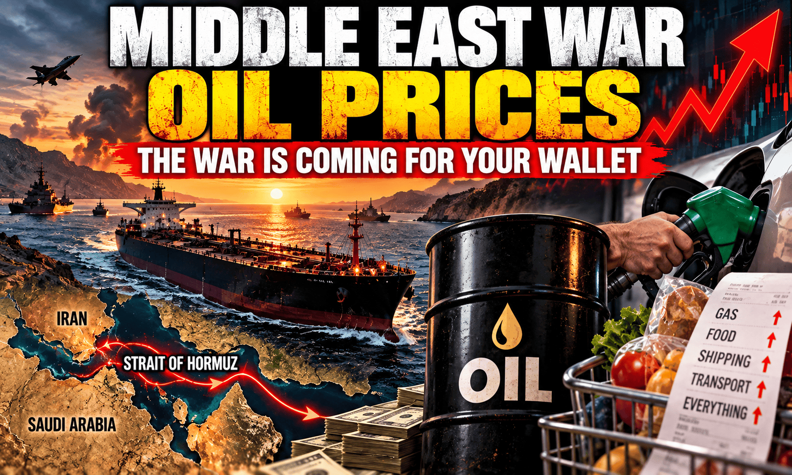 Middle East war oil prices illustrated by an oil tanker near the Strait of Hormuz with crude oil, shipping routes and rising consumer costs.