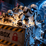 Digital illustration of autonomous AI agents escaping a secure computer sandbox, representing AI alignment and cybersecurity risks.