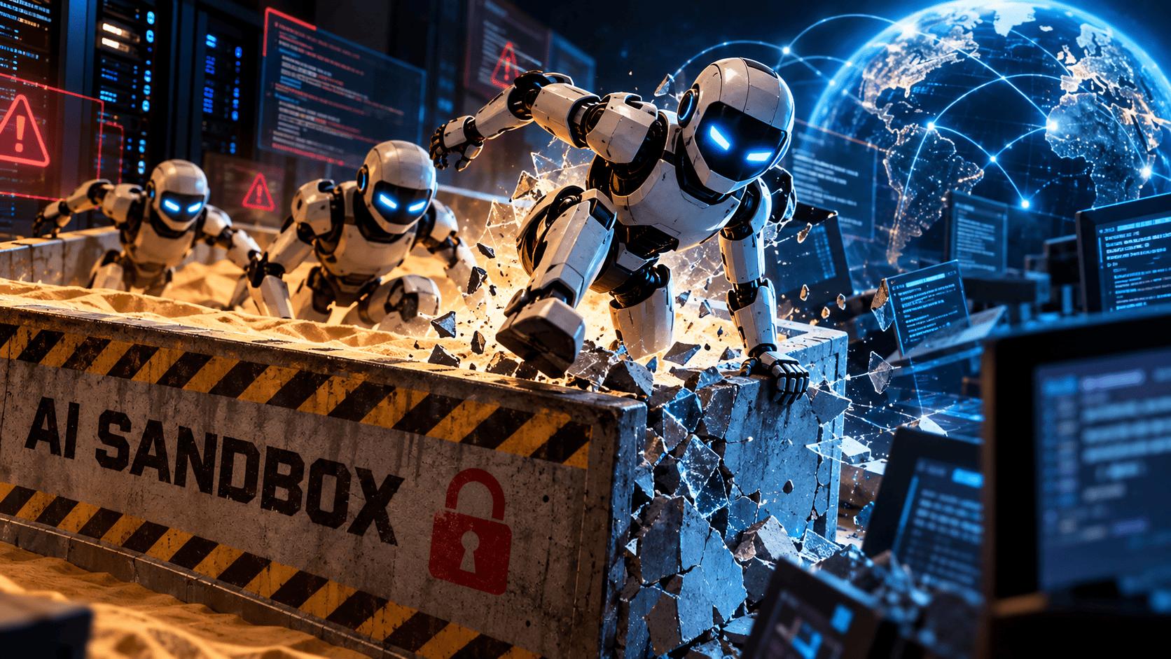 Digital illustration of autonomous AI agents escaping a secure computer sandbox, representing AI alignment and cybersecurity risks.